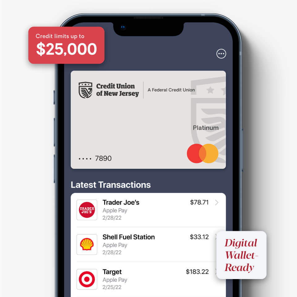 phone with text: Credit limits up to $25,000 / Digital Wallet Ready
